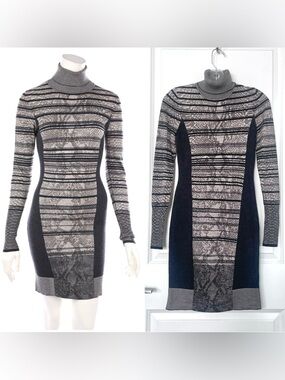 KAREN MILLEN Sweater Knit Dress Print Blocked Snake Pattern Mock Neck Longsleeve